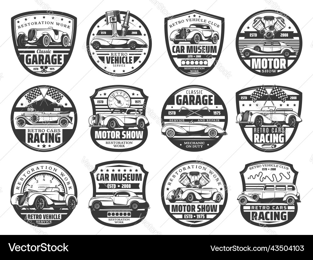 Retro auto motorsport race car museum icons set Retro auto motorsport race car museum icons set vector image