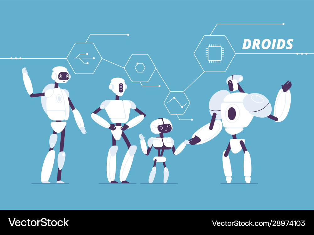 Robot group various androids models standing Robot group various androids models standing vector image