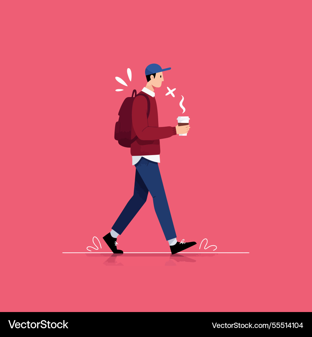 Man walking with coffee and backpack simple Vector Image