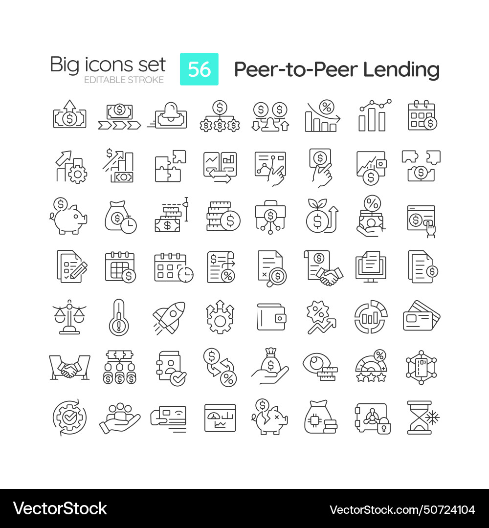 Peer-to-peer lending linear icons set Peer-to-peer lending linear icons set vector image