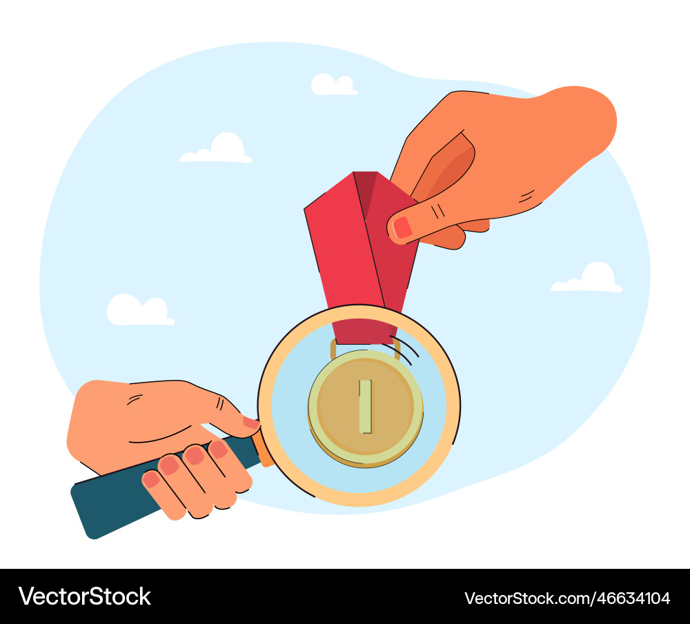 Person looking through magnifier at medal Person looking through magnifier at medal vector image