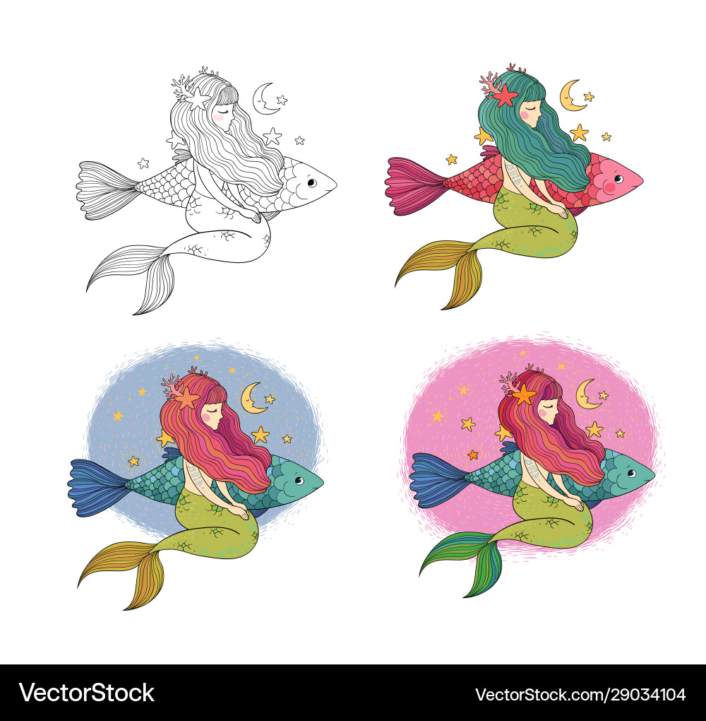 Set süße Cartoon kleine Meerjungfrau Siren Meer Set süße Cartoon kleine Meerjungfrau Siren Meer vektorbild
