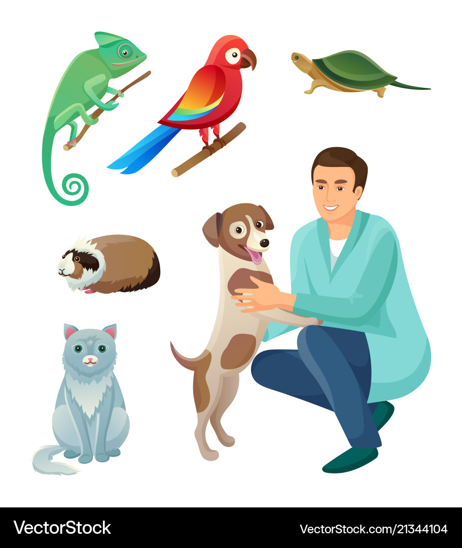 Veterinarian in robe with dog and exotic pets set Veterinarian in robe with dog and exotic pets set vector image
