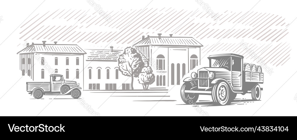 Vintage truck lorry in city with barrel vector image