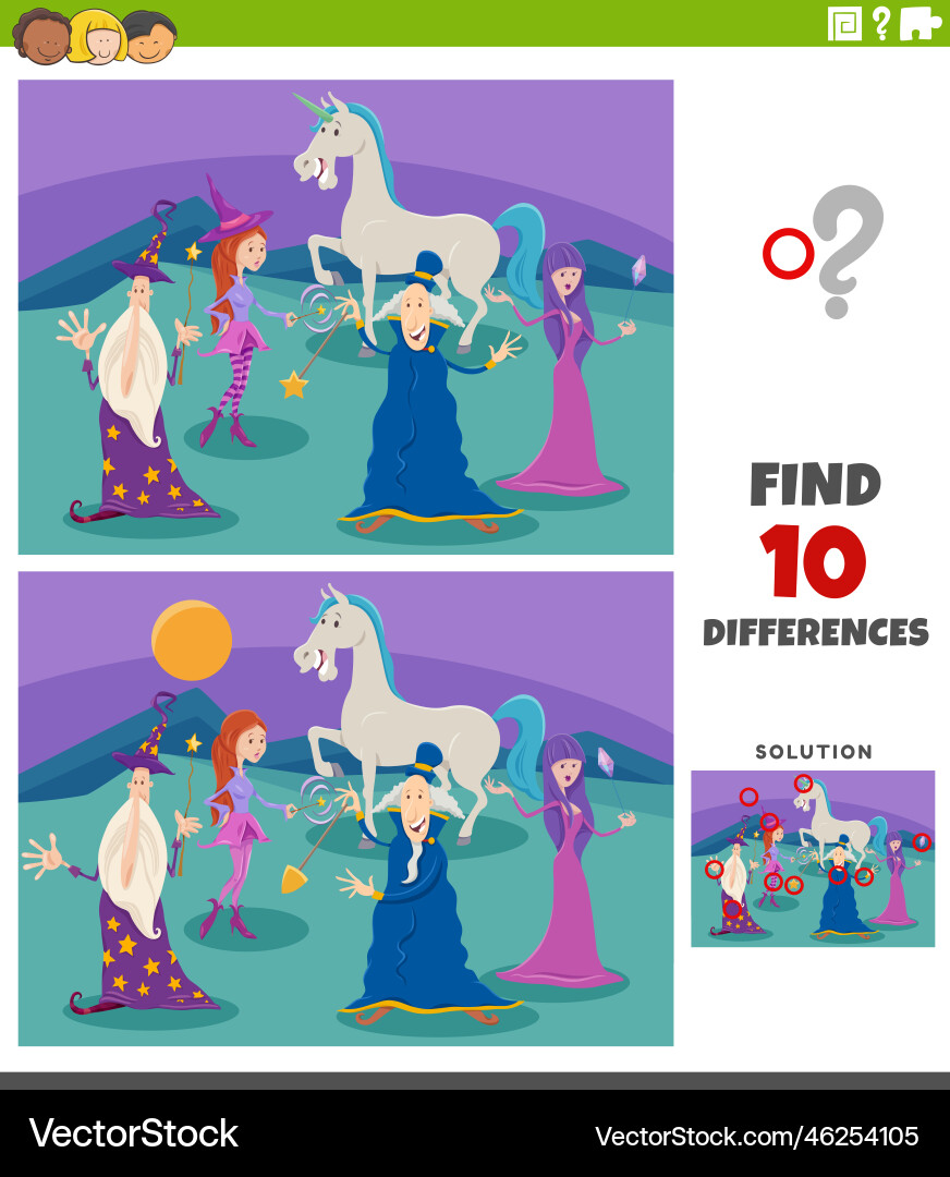 Differences game with cartoon fantasy characters Vector Image