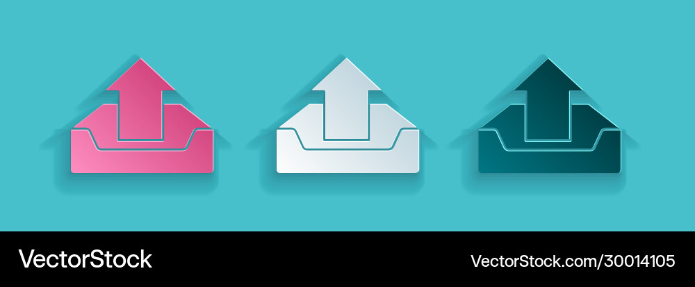 Paper cut upload inbox icon isolated on blue Paper cut upload inbox icon isolated on blue vector image