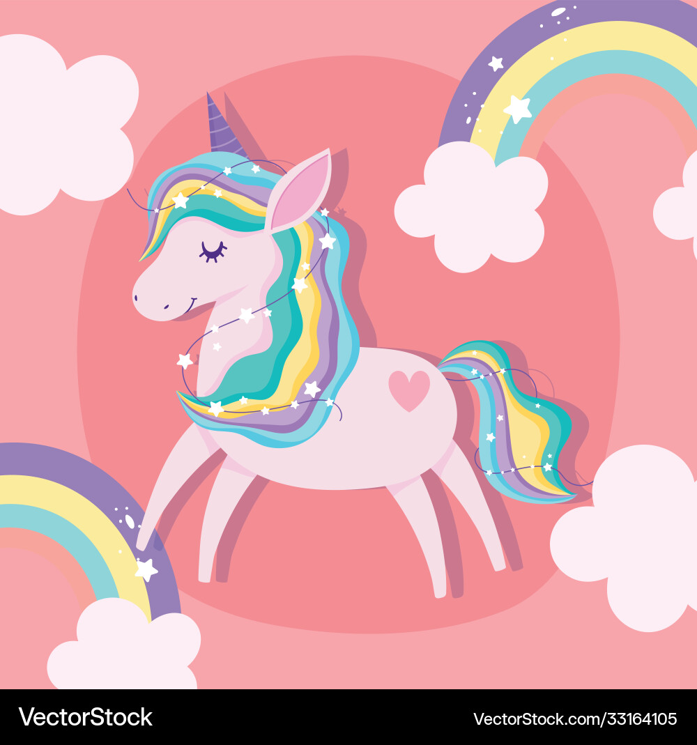 Rainbow Unicorn with Stars and Clouds Vector Image