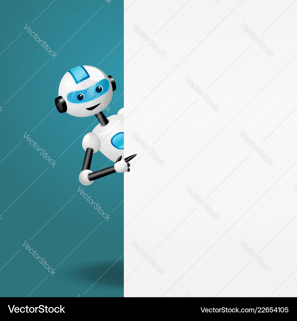 Robot behind an empty white board pointing Robot behind an empty white board pointing vector image