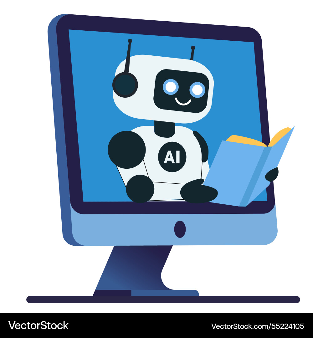 Robot reading book from monitor screen Robot reading book from monitor screen vector image