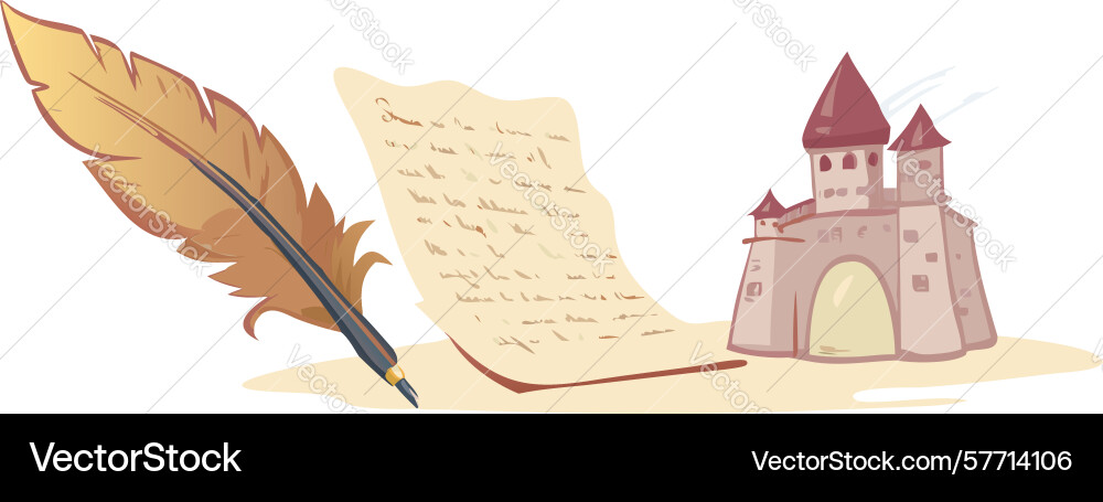 Feather quill ancient scroll with castle vector image
