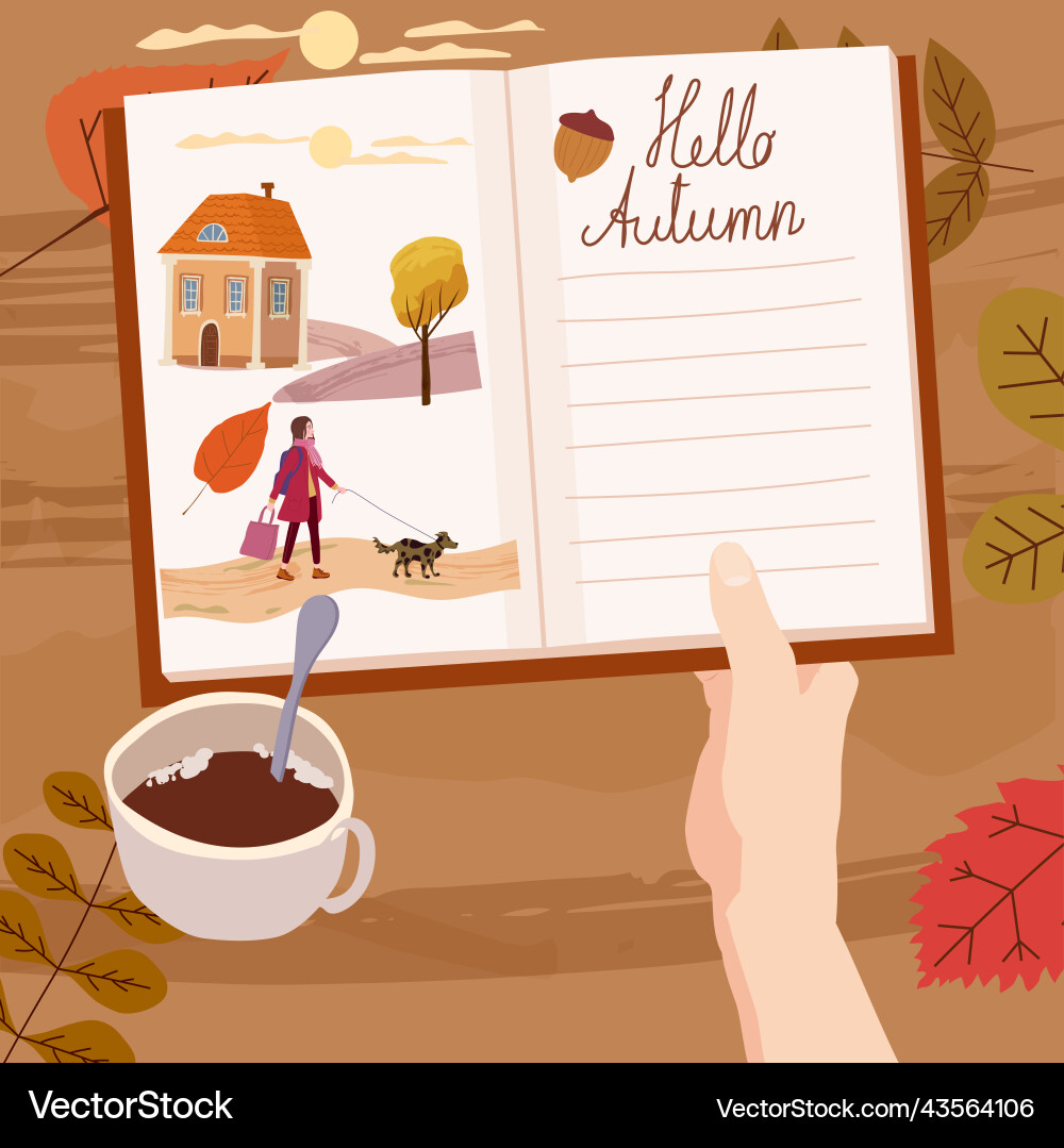 Hand holding an open autumn daily diary notepad Hand holding an open autumn daily diary notepad vector image