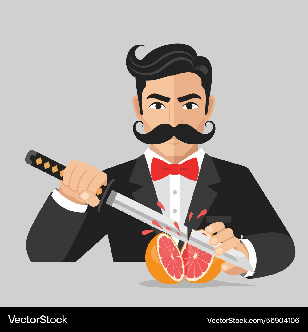 Man slicing grapefruit with sword in tuxedo Man slicing grapefruit with sword in tuxedo Vector Image