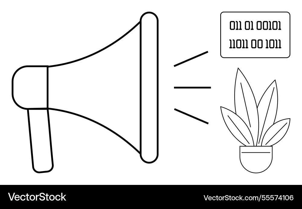 Megaphone emitting binary code and plant Megaphone emitting binary code and plant vector image
