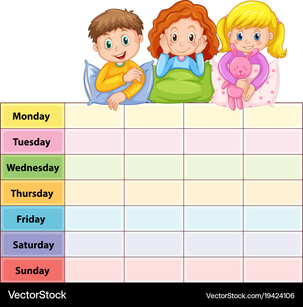 Seven days of the week table with kids in pajamas vector image