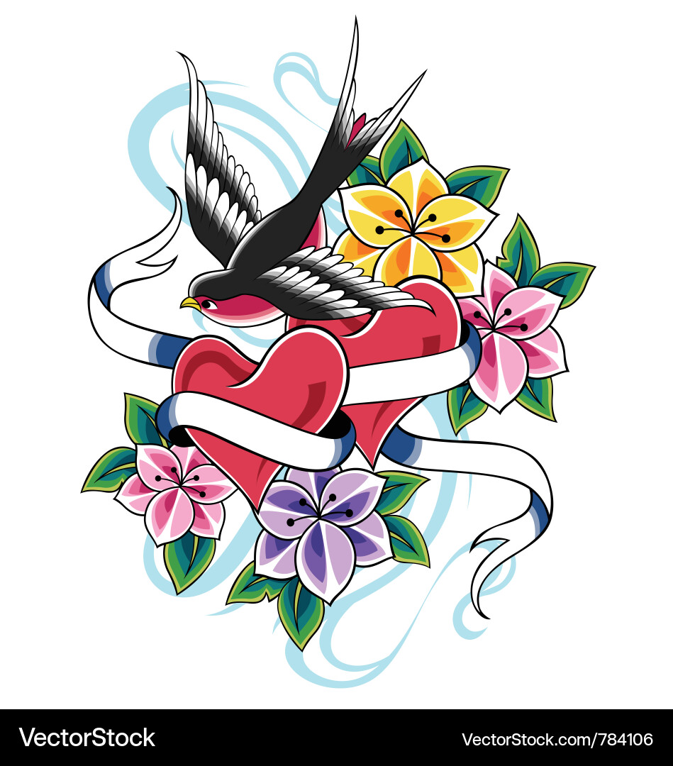 Swallow Blumen Tattoo Art vektorbild