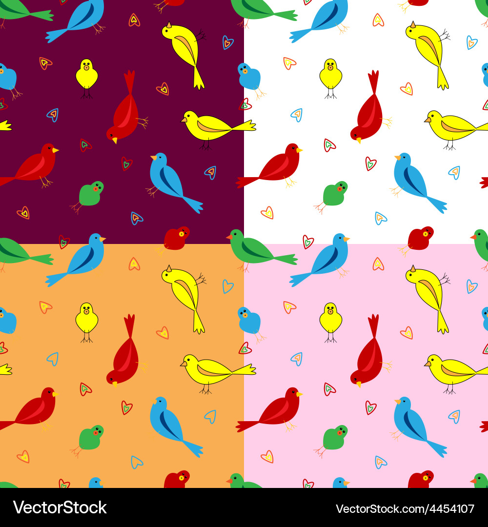 Cheerful Bird Pattern - Four Color Variations Vector Image