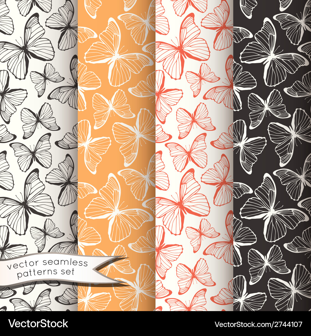 Outline butterflies seamless patterns set Vector Image