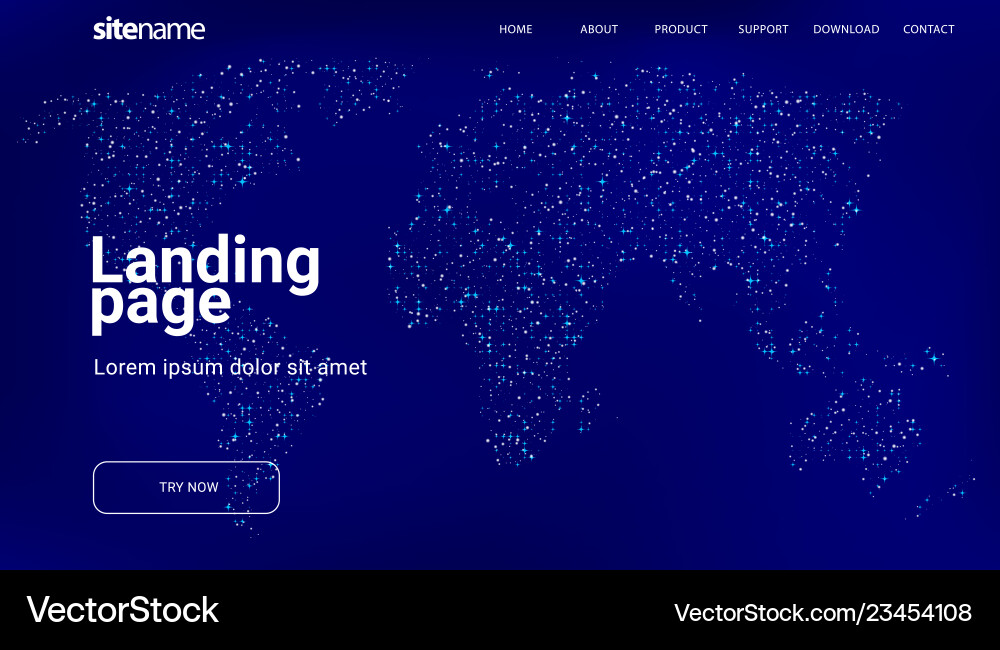 Landing page design with world map in the form Landing page design with world map in the form vector image