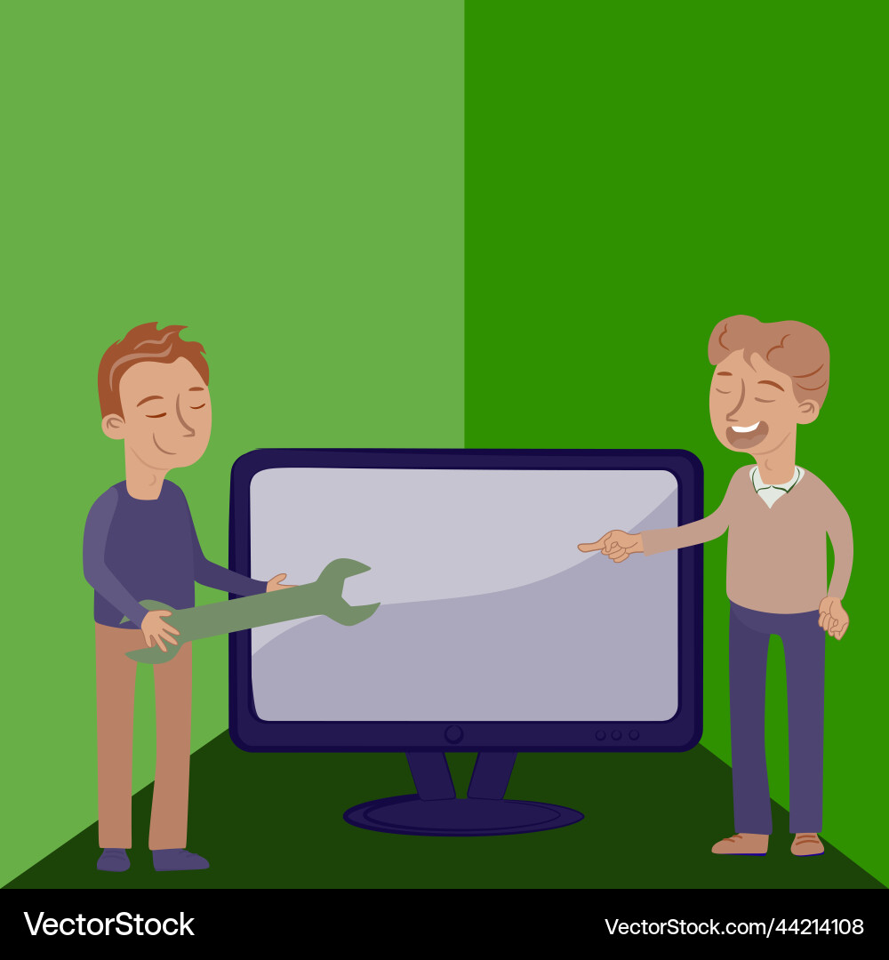 Man pointing on tv screen with wrench finding Vector Image