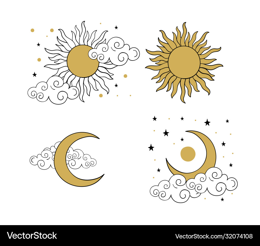 Mystical golden boho tattoos with sun crescent Vector Image