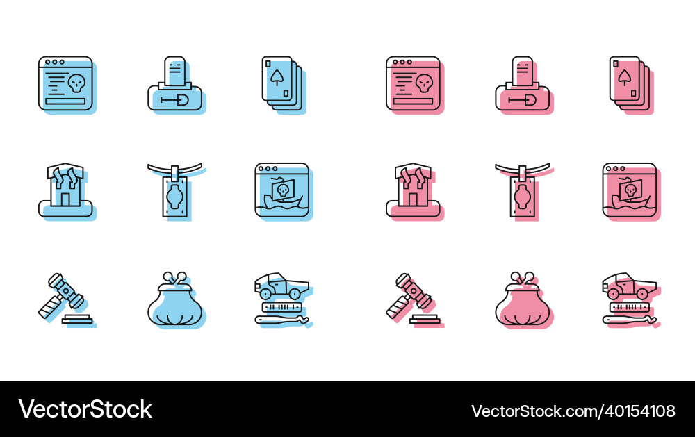 Set line judge gavel wallet system bug car Set line judge gavel wallet system bug car vector image