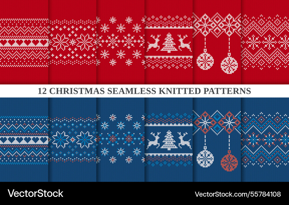 Set von 12 Weihnachten nahtlose Muster gestrickt Vektorbild