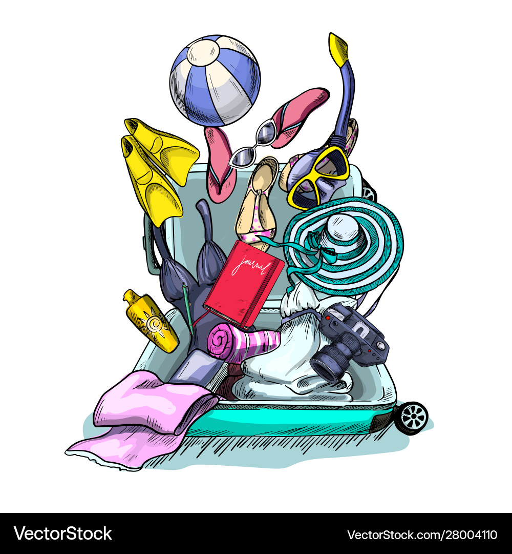 Heap different things falling into suitcase Vector Image