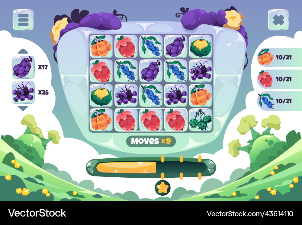 Match 3 game screen gameplay ui of cartoon vector image