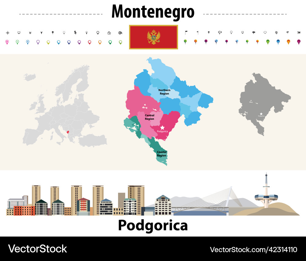 Montenegro administrative divisions map flag Montenegro administrative divisions map flag vector image