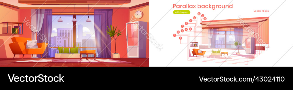 Parallax background for game with modern room Parallax background for game with modern room vector image