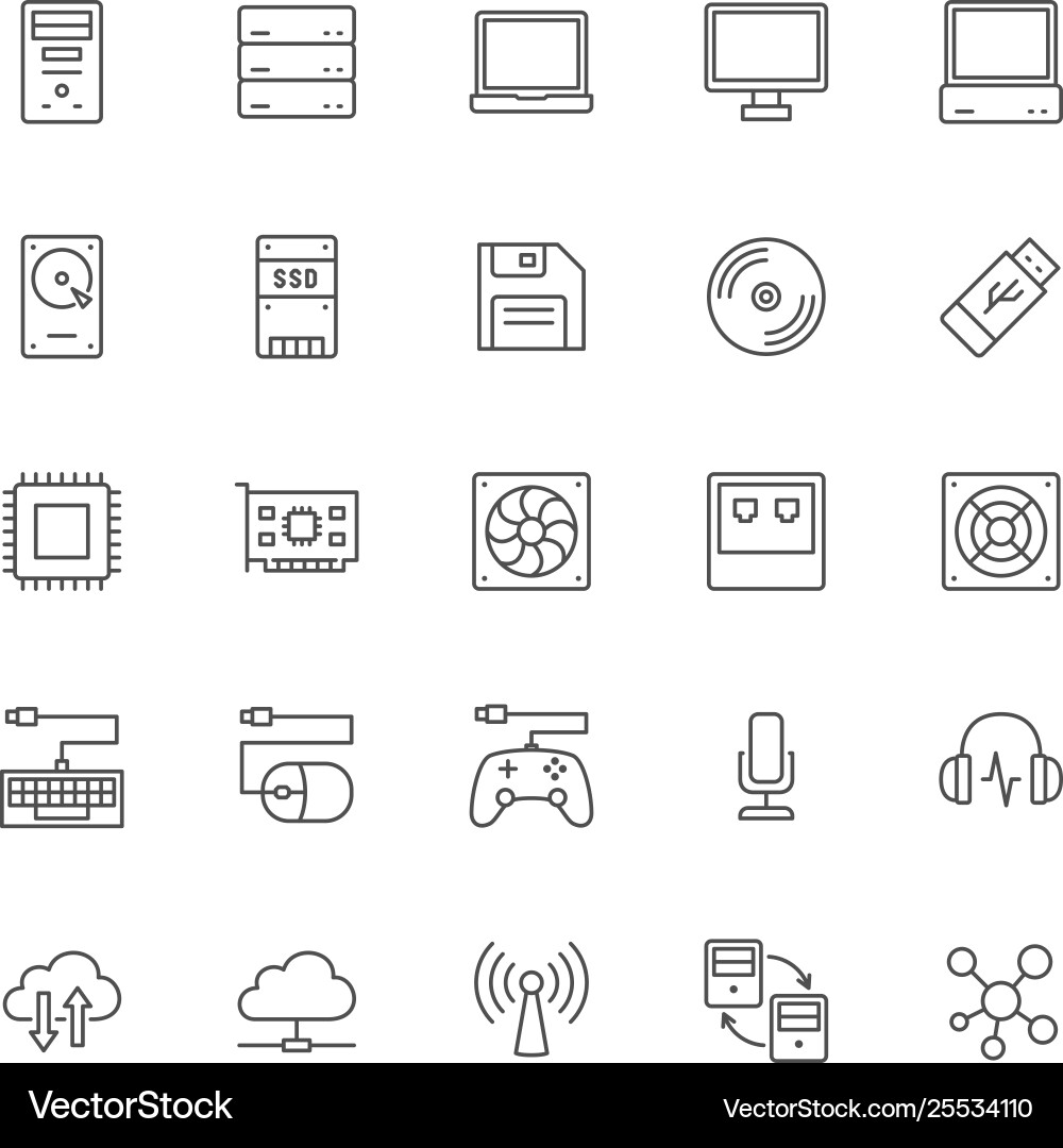 Set Computerkomponenten Zeilensymbole Systemeinheit Vektorbild