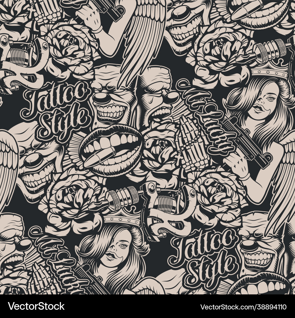 Vintage Tattoo Pattern - Black & White Vector Image