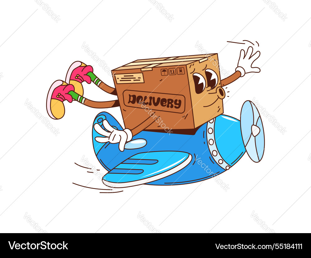 Cartoon groovy delivery box flying on airplane Cartoon groovy delivery box flying on airplane vector image