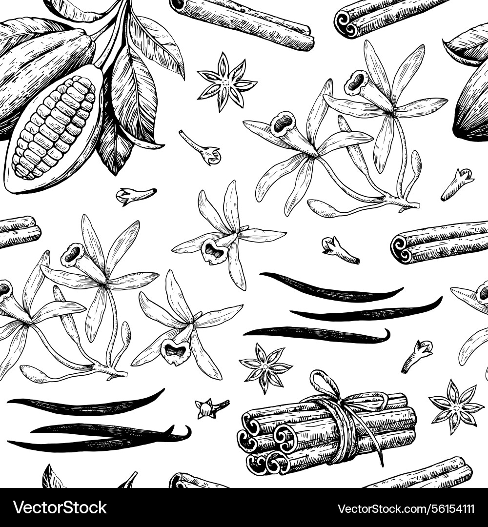 Seamless pattern with cocoa beans cinnamon Seamless pattern with cocoa beans cinnamon vector image