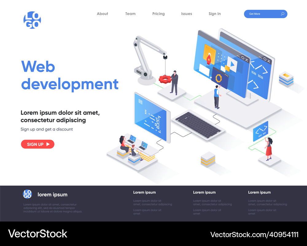 Web development isometric landing page full stack vector image