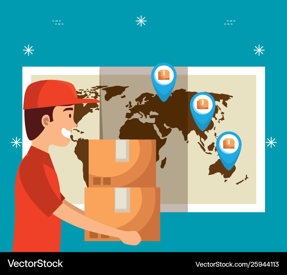Man with boxes packages and global map Man with boxes packages and global map Vector Image