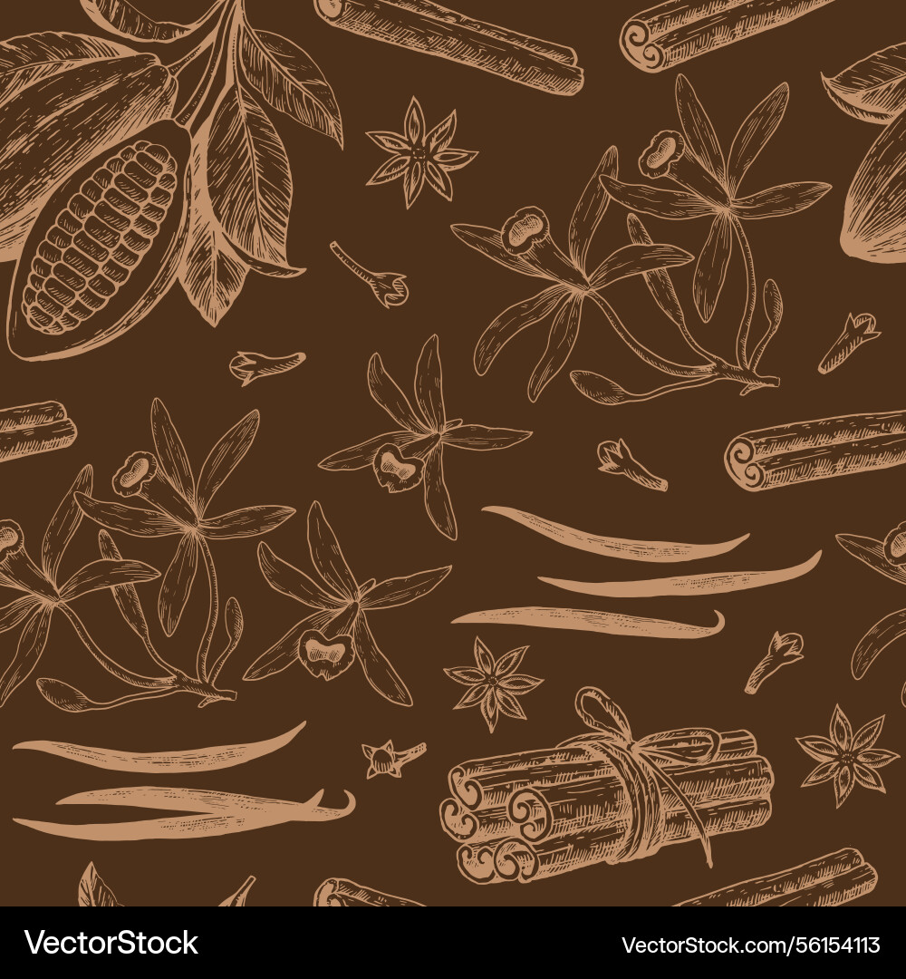 Seamless pattern with cocoa beans cinnamon Seamless pattern with cocoa beans cinnamon vector image