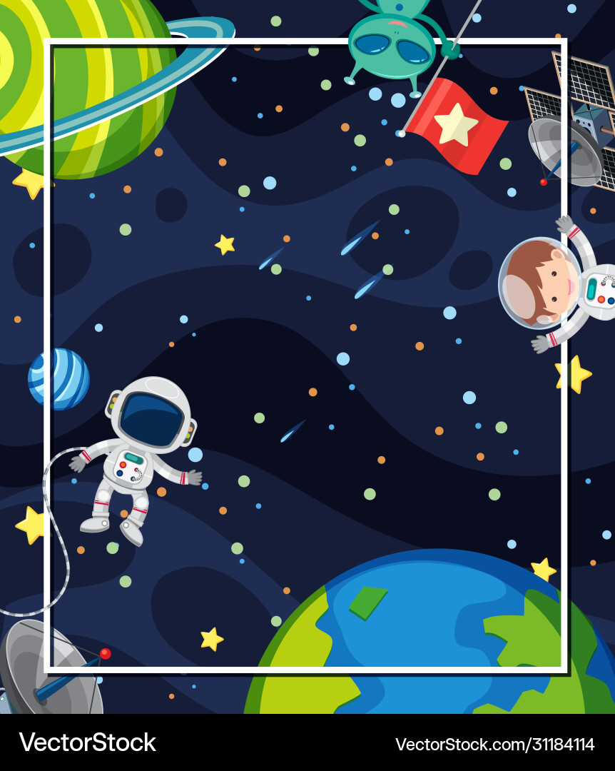 Frame design with many planets and astronauts Frame design with many planets and astronauts Vector Image