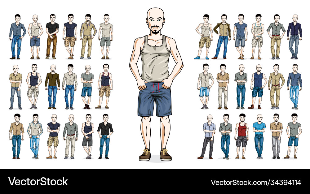 Handsome men in casual wear standing and posing Handsome men in casual wear standing and posing vector image