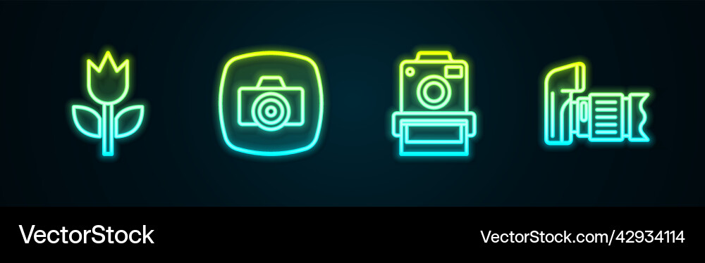 Set line photo mode macro camera and glowing Vector Image