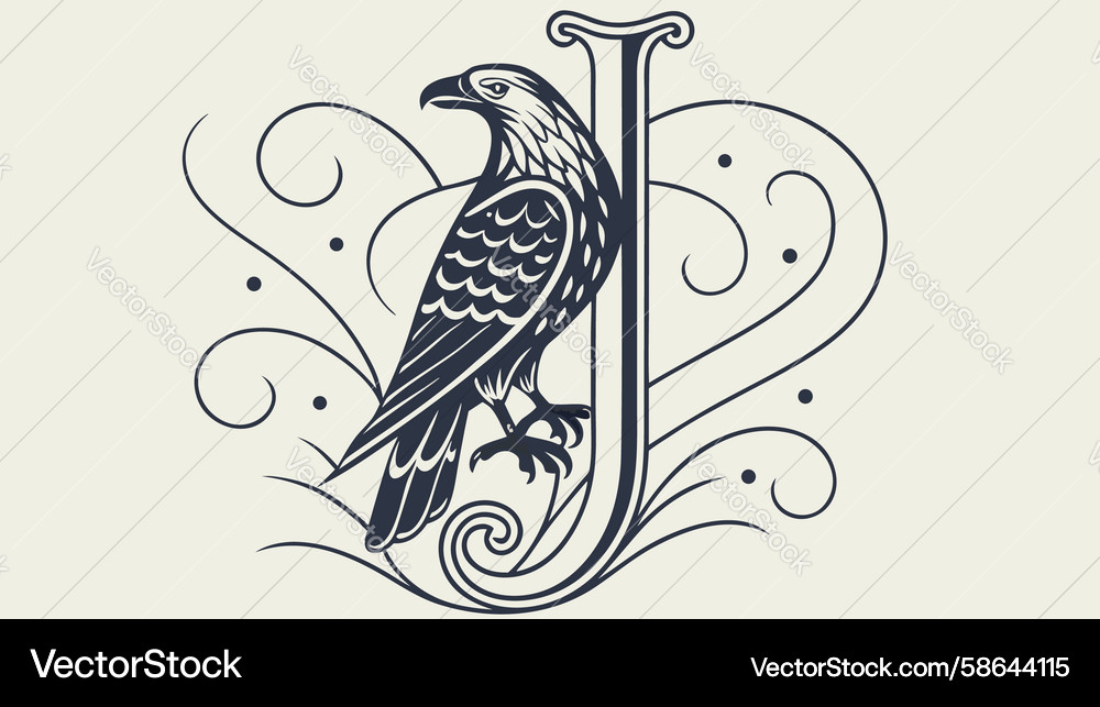 Elegant Initial J with Bird and Vines Vector Image