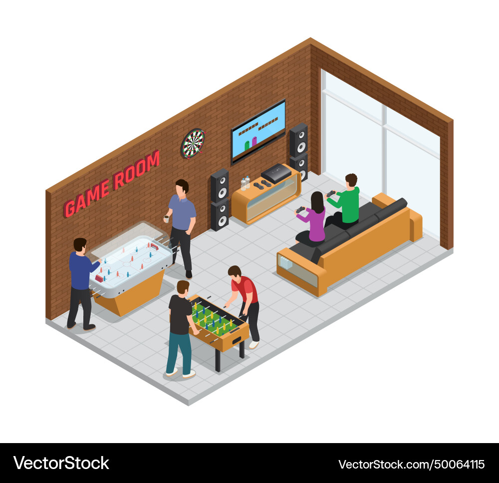 Home game club interior isometric composition Home game club interior isometric composition vector image