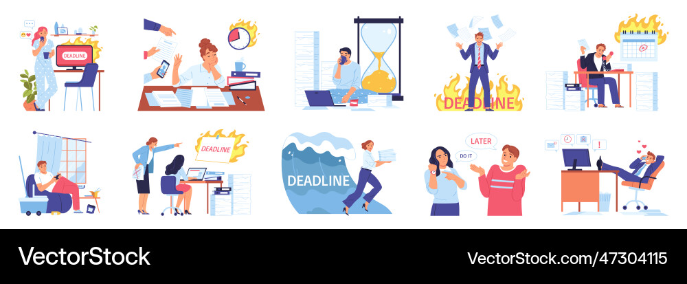 Procrastinating deadlines compositions set vector image