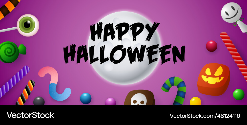 Happy halloween lettering on moon with sweets Happy halloween lettering on moon with sweets vector image