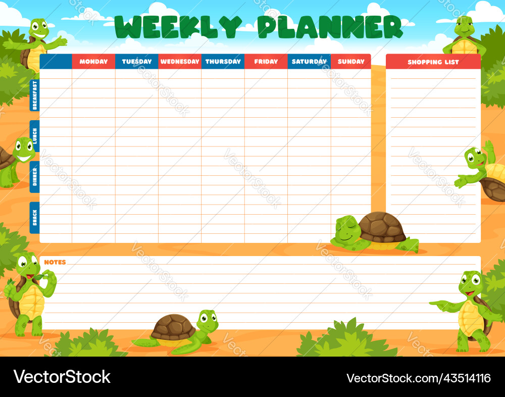 Weekly planner schedule with cartoon funny turtles Weekly planner schedule with cartoon funny turtles vector image