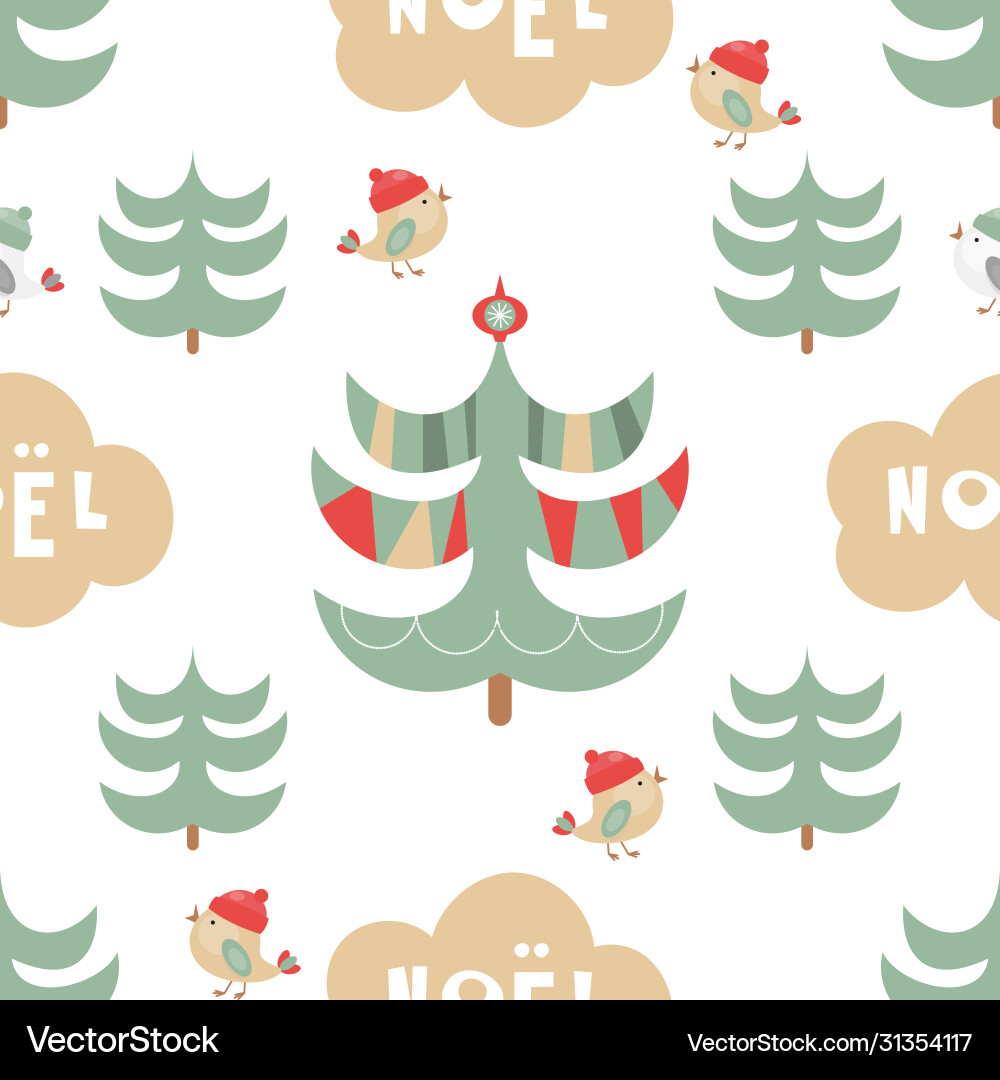 Christmas Seamless Pattern - Festive Birds & Trees Vector Image
