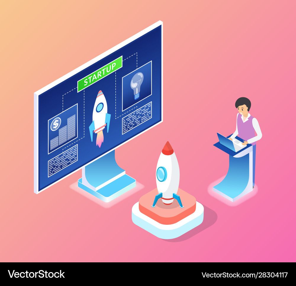 Man working on startup and rocket launching vector image