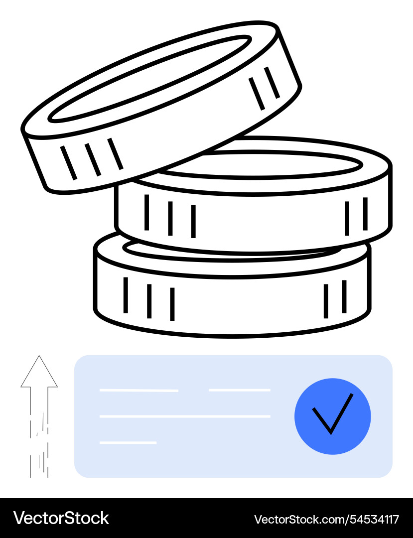 Stacked coins with check mark and upward arrow Stacked coins with check mark and upward arrow vector image