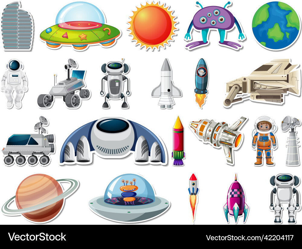 Sticker set of outer space objects and astronauts Sticker set of outer space objects and astronauts vector image