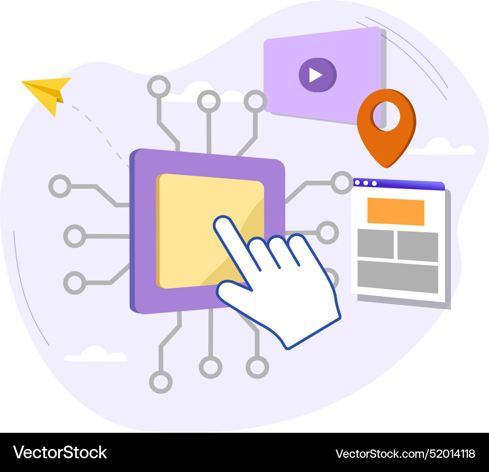 Hand pointing at microchip managing video player Hand pointing at microchip managing video player vector image